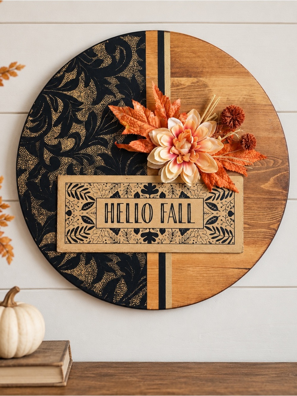 Boutique Artisan Hello Fall Wood Wall Sign |Farmhouse Autumn Harvest Decor Large